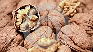 Ripe walnuts on table