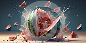 A ripe watermelon falls to the floor and smashes to pieces