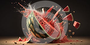 A ripe watermelon falls to the floor and smashes to pieces