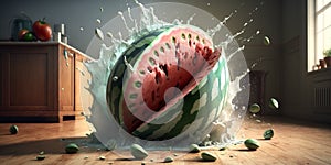 A ripe watermelon falls to the floor and smashes to pieces