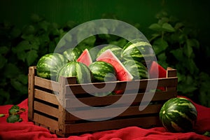 Ripe watermelon full in wooden box. Generate Ai
