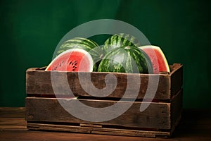 Ripe watermelon in wooden box. Generate Ai