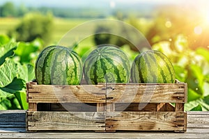 Ripe watermelons in wooden crates at farm stand warehouse with countryside background