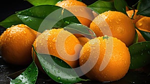 Ripe wet oranges lying in a pile with green leaves. Harvesting, autumn