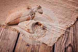 Ripe wheat in bags and ears