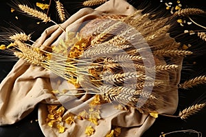Ripe wheat ears on a peasants table - symbol of plentiful harvest and agricultural prosperity photo