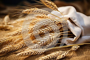 Ripe wheat ears on peasants table - symbol of plentiful harvest and agricultural prosperity photo