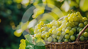 Ripe white grapes with grape leaves in a wicker basket in the vineyard