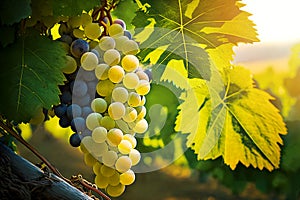 ripe white and red grapes ready for harvest hanging at winery vineyard at sunset. generative AI