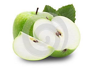 Ripe whole green apple with half and leaf isolated on white background with clipping path.