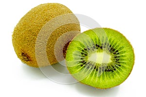 Ripe whole kiwi fruit and half kiwi fruit isolated on-white background