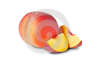 Ripe whole peach and slices on white background