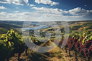 Ripe wine grapes on vines in Tuscany, Italy. Picturesque wine farm, vineyard. Sunset warm light