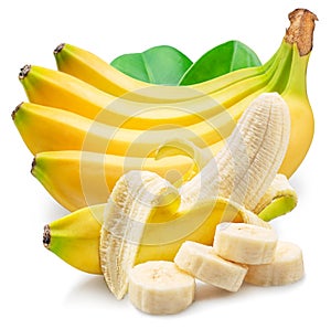 Ripe yellow bananas, banana cuts and leaf isolated on white background
