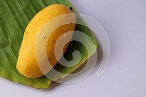 Ripe yellow mango fruit on a banana leaf, Natural food on a white background. Close up photo.