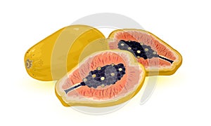 Ripe yellow papaya whole and cutted in half. Large sweet exotic tropic fruits. Summer fruitage.