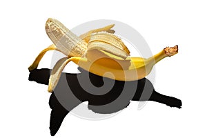 Ripe yellow peeled banana isolated on a white background. hard dark shadows from the sun at noon