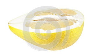 Yellow pomelo fruit cut in half inside longitudinal section isolated on white background