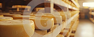 Ripened cheese in a dairy store ready to be sold, panoramic view, generated ai