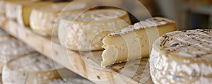 Ripened cheese in a dairy store ready to be sold, panoramic view, generated ai