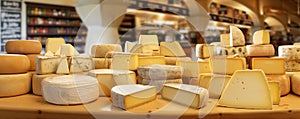 Ripened cheese in a dairy store ready to be sold, panoramic view, generated ai