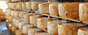 Ripened cheese in a dairy store ready to be sold, panoramic view, generated ai