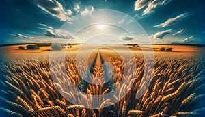 Ripening wheat ears stretch towards the horizon under a dazzling sun