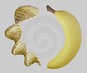 Ripped banana and DNA helix in the white background