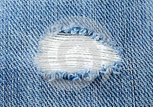 Ripped blue hipster jeans material. Destroyed denim Cloth texture. Close up