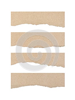 Ripped brown cardboard paper texture on white background.
