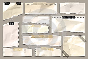 Ripped colored crumpled paper strips collection. Realistic paper scraps with torn edges and adhesive tape. Sticky notes