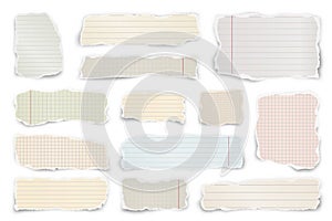 Ripped colored paper strips. Realistic crumpled paper scraps with torn edges. Lined shreds of notebook pages. Vector