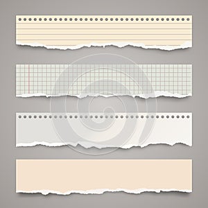 Ripped colored paper strips. Realistic crumpled paper scraps with torn edges. Lined shreds of notebook pages. Vector