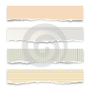 Ripped colorful paper strips isolated on white background. Realistic crumpled paper scraps with torn edges. Lined shreds
