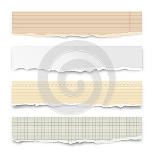 Ripped colorful paper strips isolated on white background. Realistic crumpled paper scraps with torn edges. Lined shreds