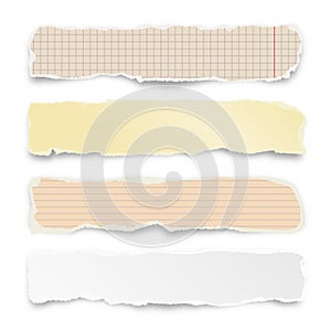 Ripped colorful paper strips isolated on white background. Realistic crumpled paper scraps with torn edges. Lined shreds