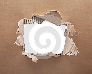 Ripped hole in cardboard on white background.