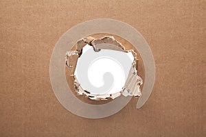 Ripped hole in cardboard on white background