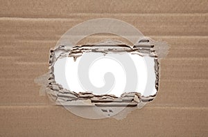 Ripped hole in cardboard on white background.