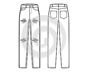 Ripped Jeans distressed Denim pants technical fashion illustration with full length, low waist, rise, 5 pockets, Rivets