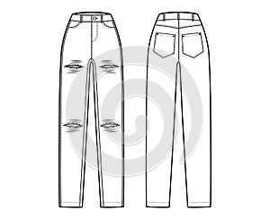 Ripped Jeans distressed Denim pants technical fashion illustration with full length, normal waist, high rise, 5 pockets