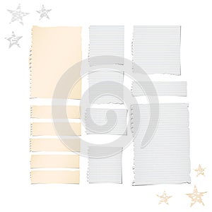 Ripped lined and blank note, notebook paper strips, sheets for text or message stuck on white background with stars