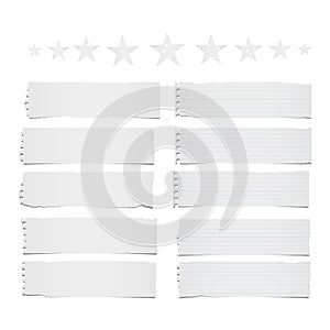 Ripped lined and blank note, notebook paper strips for text or message stuck on white background with stars on top