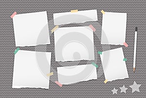 Ripped note, notebook, copybook paper stuck with sticky tape, white pencil, stars on gray wavy background.