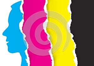 Ripped Paper background with CMYK Colors and male head silhouette.