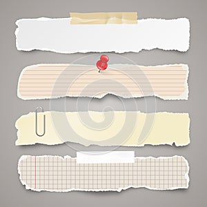 Ripped paper strips with adhesive tape. Realistic crumpled paper scraps with torn edges. Lined shreds of notebook pages