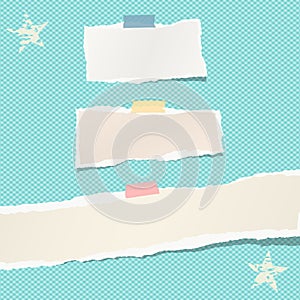 Ripped paper strips, notebook, note for text or message stuck with colorful sticky tape on blue squared background with