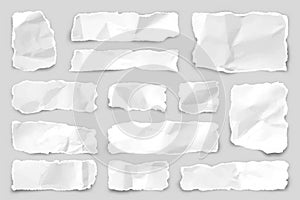 Ripped paper strips. Realistic crumpled paper scraps with torn edges. Shreds of notebook pages. Vector illustration.