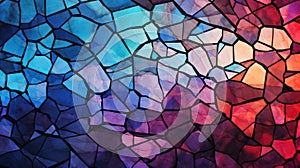 Ripped stained glass in blue, red, purple and orange colors with black lines created with Generative AI