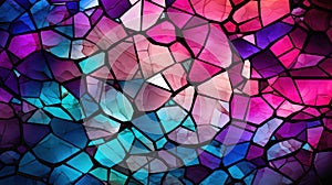 Ripped stained glass in green, blue and purple colors with black lines created with Generative AI